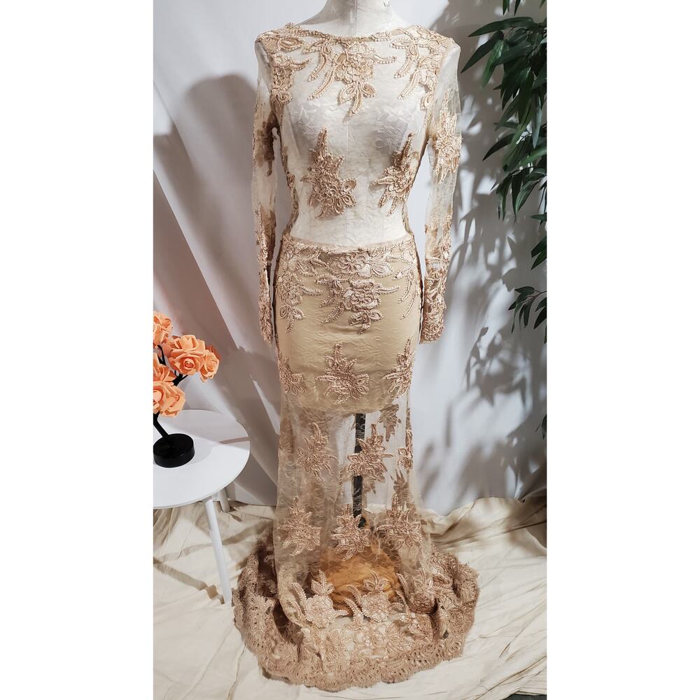 Vintage Va Va Voom Sheer Lace Embroidered Maxi Dress S 90s Y2K Formal Wedding